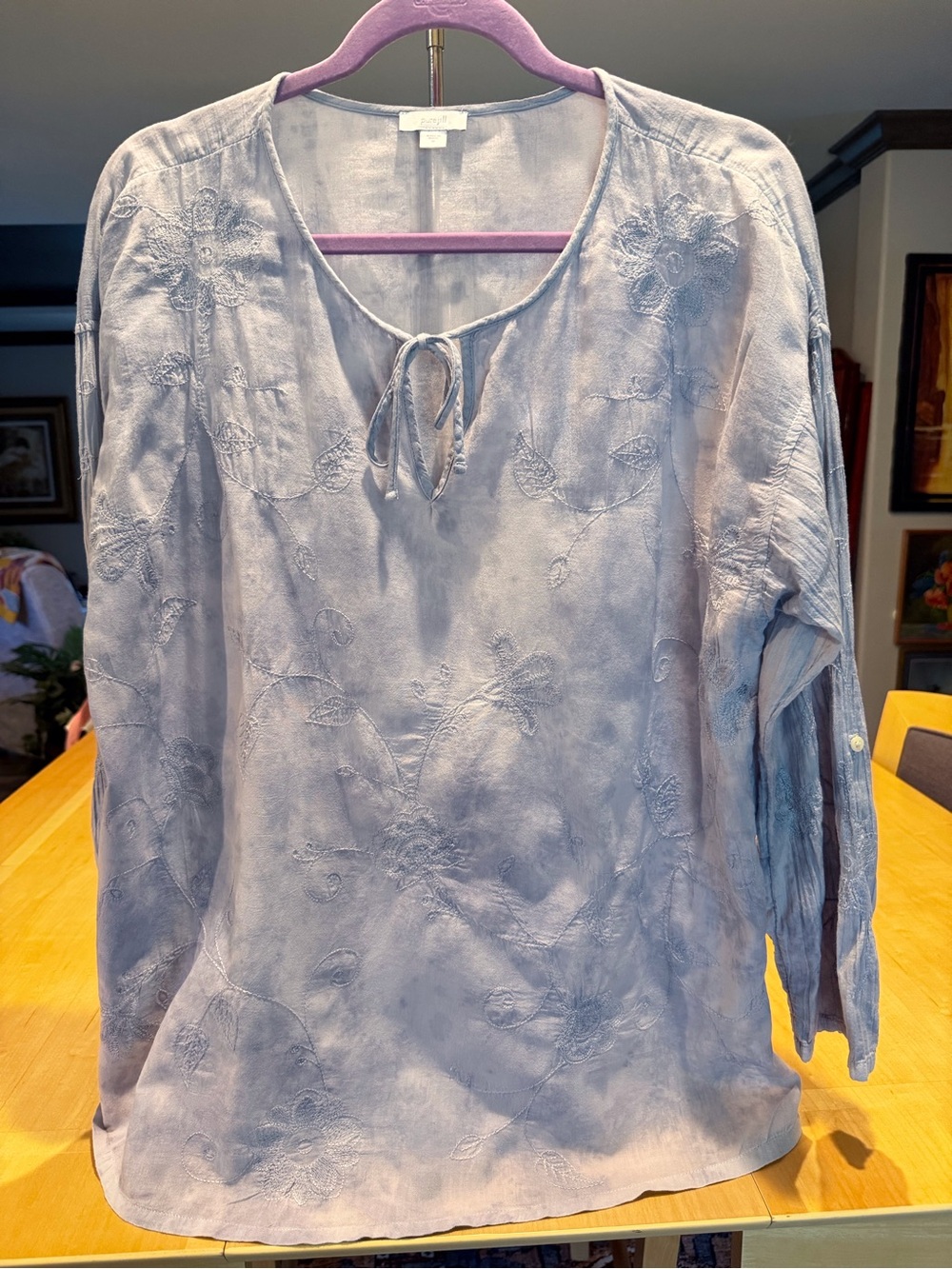 Embroidered Tie-Front Light Blue Women's Blouse